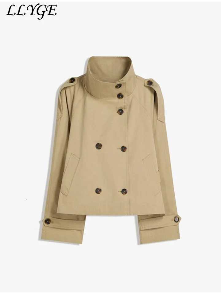 Elegant Womens Belt Cropped Trench Coats Stand Collar Double Breasted Full Sleeve Jacket 2025 Autumn Chic Commute Outwear New Y251105