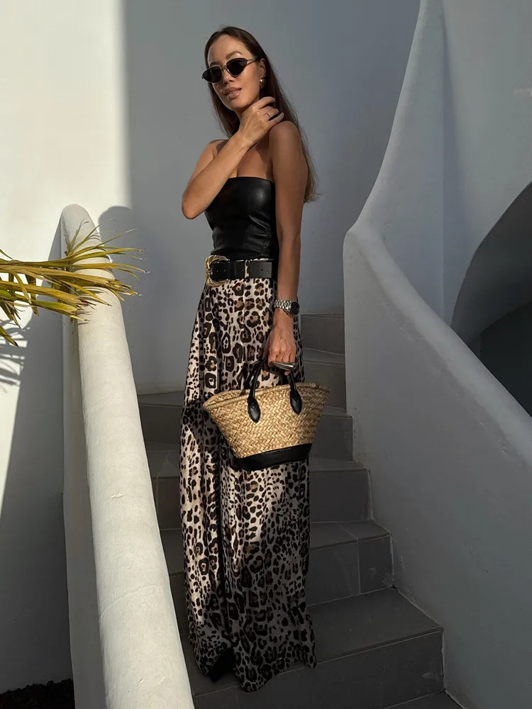 UNIZERA Leopard Satin with Belt High Waisted Trousers Wide Leg Pants Womens Clothing 2025 Summer Arrivals Casual Pants 251022