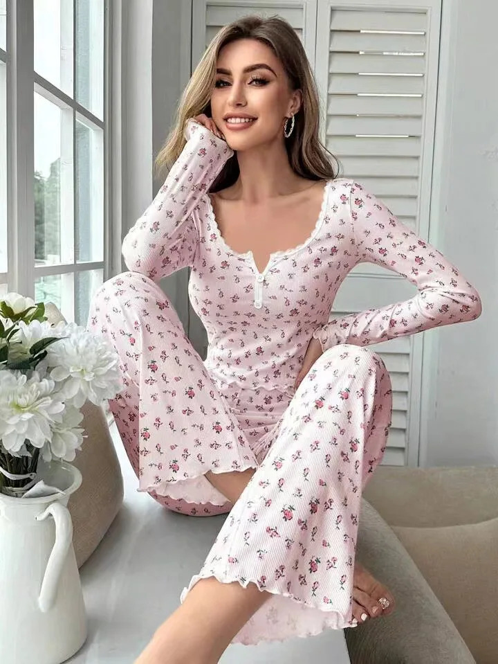 Autumn Winter Pajamas Set Women Sleepwear Floral Print Lettuce Trim Top with Long Pant Lovely Loungewear Full Sleeve Nightwear 251022
