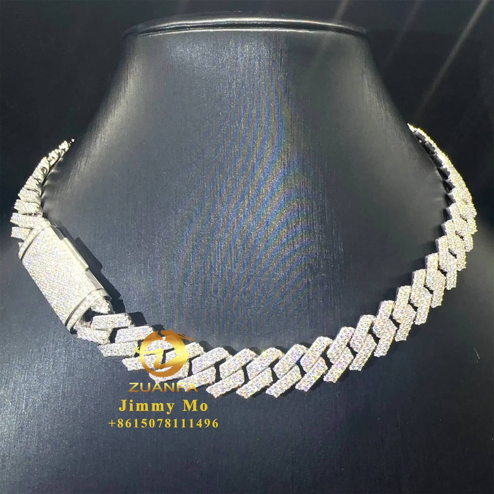 Hot Selling Pass Diamond Tester 925 Solid Silver 13mm Two Rows Iced Out Hip Hop Flawless Moissanite Diamond Cuban Link Chain