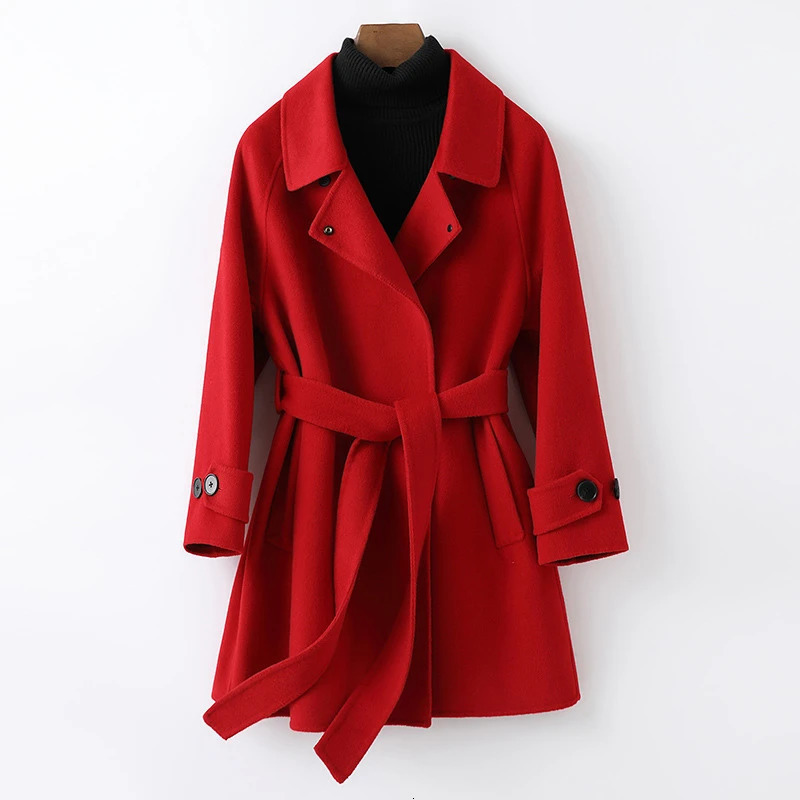 Doublefaced Cashmere Coat 100 Wool Winter Womens Woolen Coat Belt Thick Warm Casual Midlength Outwear Loose Fashion Jackets 251020
