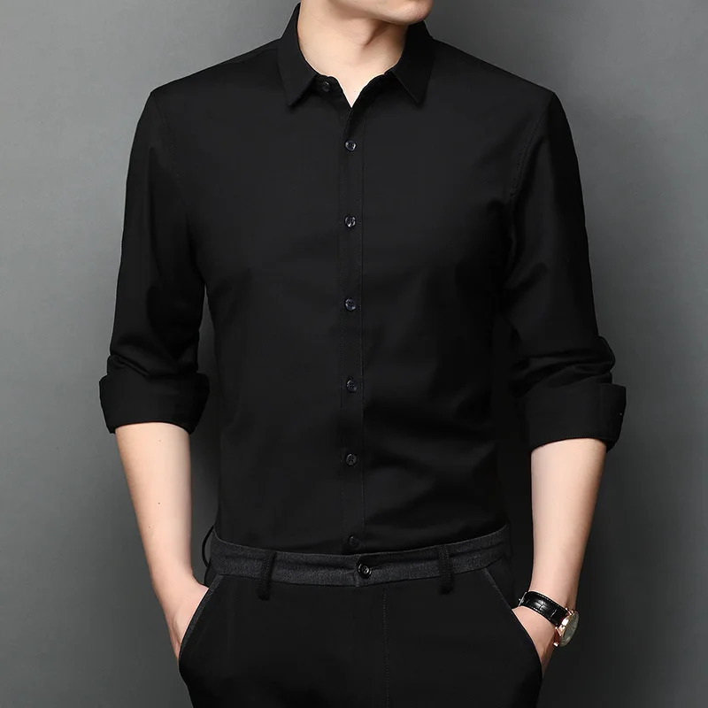 Solid Color Spring and Autumn Longsleeved Men Shirt Mens Business Casual Lapel Shirt Soft Top Thin Clothing Men 251020
