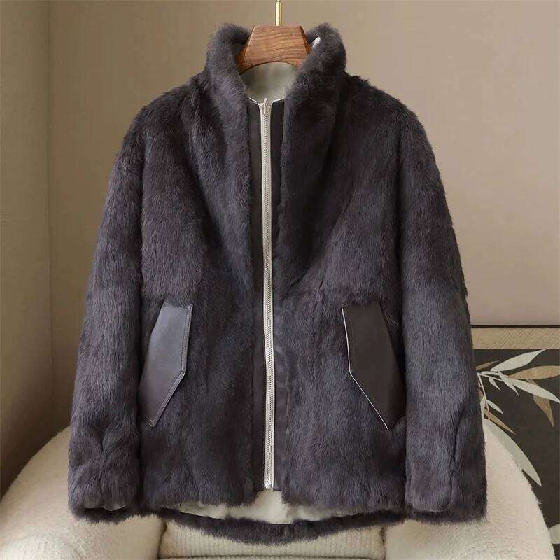 2025 High-quality Real Rabbit Hair Fur Parka Women's Autumn Winter Outdoor Coat Two-sided Wear Jacket Loose Outerwear Streetwear