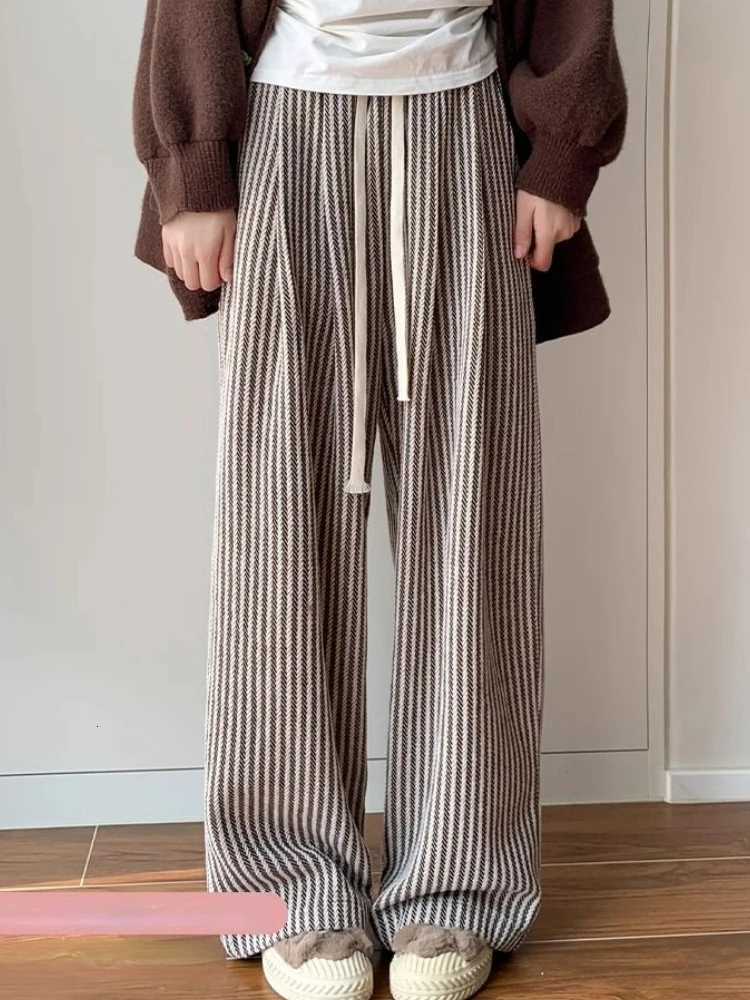 Spring Autumn Pants Women Retro Striped Knited Casual Daily Simple High Waist Wide Leg Trousers Stylish Temper Female AllmatchT251022