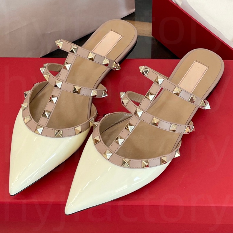 Womens Designer Slides White Rivets Flat Slippers Fashion Patent Leather Pointed Toe Shallow Mouth Sandals Comfortable Antiskid Wearproof Casual Shoes Eu 35-42