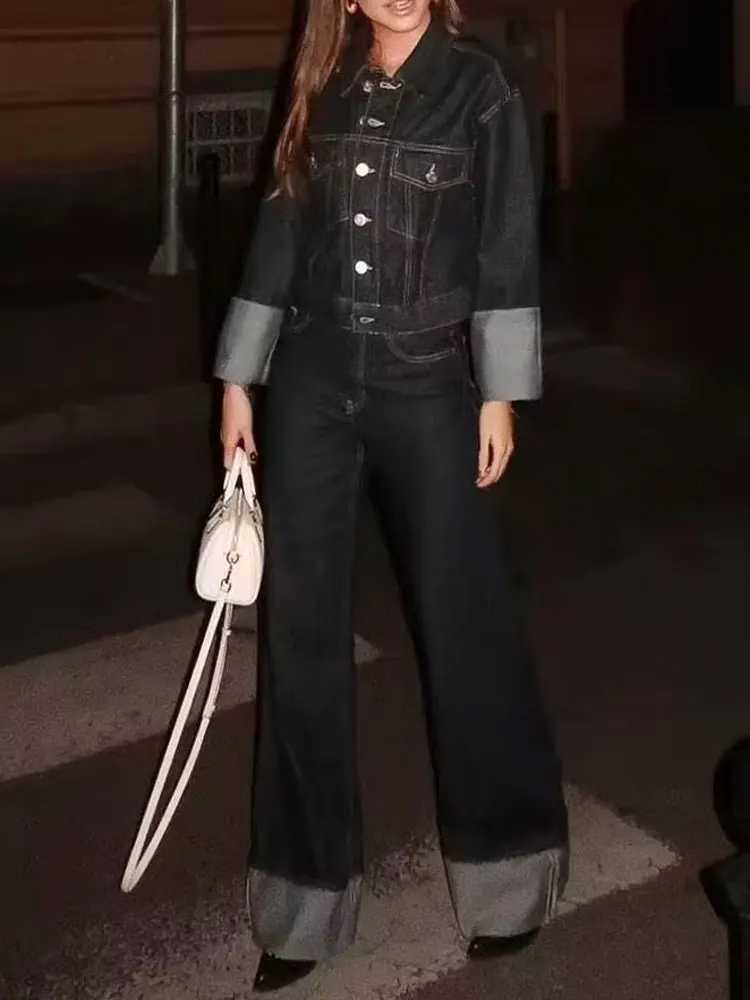 HH 2024 Autumn Female Vintage Denim Suit Long Sleeve Single Breasted Lapel CoatHigh Waist Wide Leg Jeans Street Fashion SetT251022