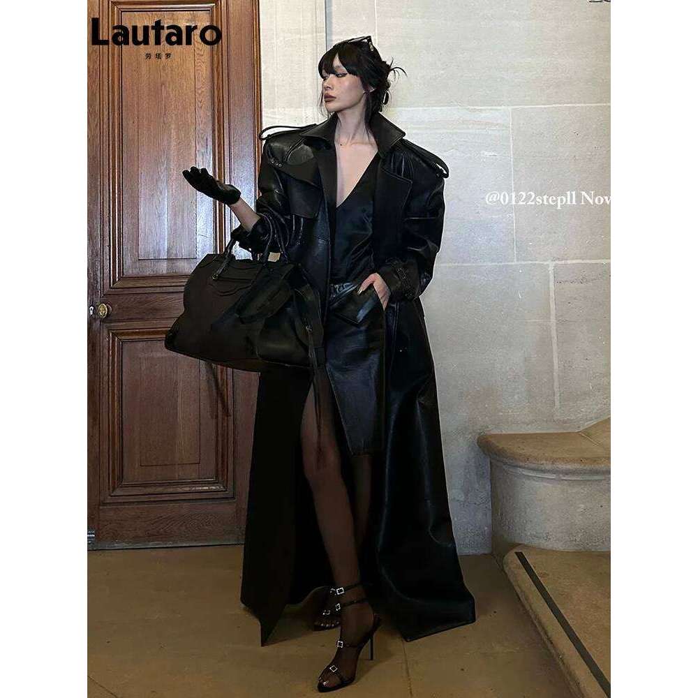 Lautaro Spring Autumn Extra Long Black Pu Leather Trench Coat for Women with Back High Slit Chic European Fashion 2024
