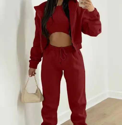 Solid Color Short Hooded Jacket Sleeveless Vest and High Waisted Ankle Pants Set for Autumn Womens Sports Style 3Piece SetT251022