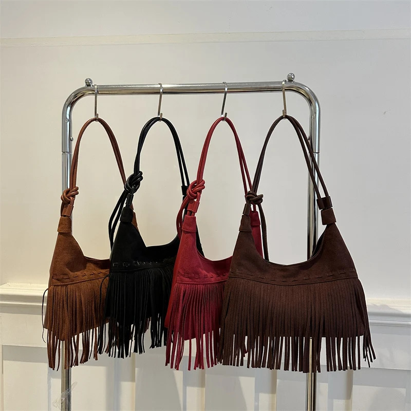 Vintage Fringe Crossbody Bag Fashion Suede Slouchy Trendy Tassel Underarm for Women Work Shopping Travel Winter Fall 251018