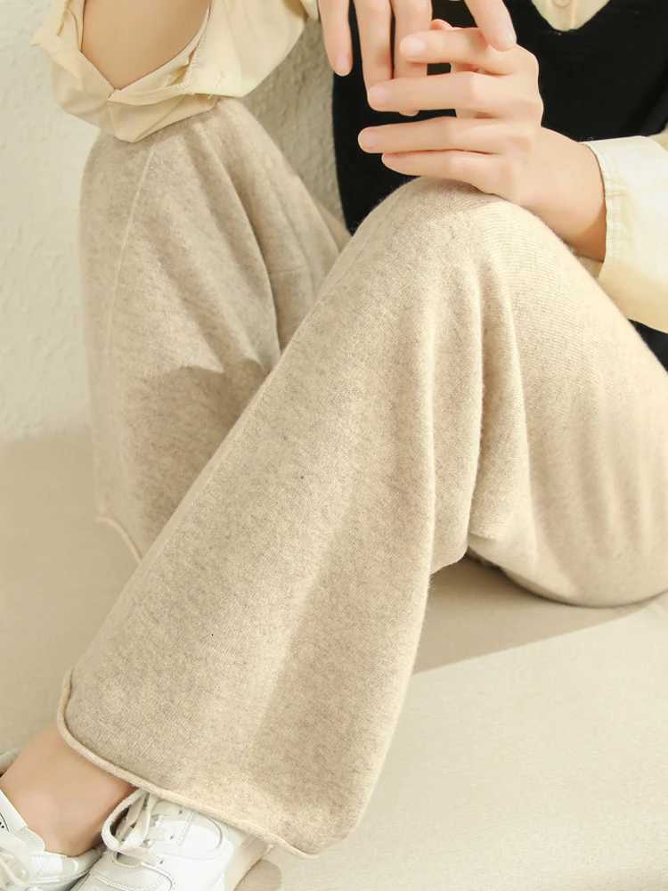 New Chic Womens Wool Pocket Pants Autumn Winter 100 Merino Wool Straight Pants Thick Soft Casual Simple Style Cashmere TrouserT251022