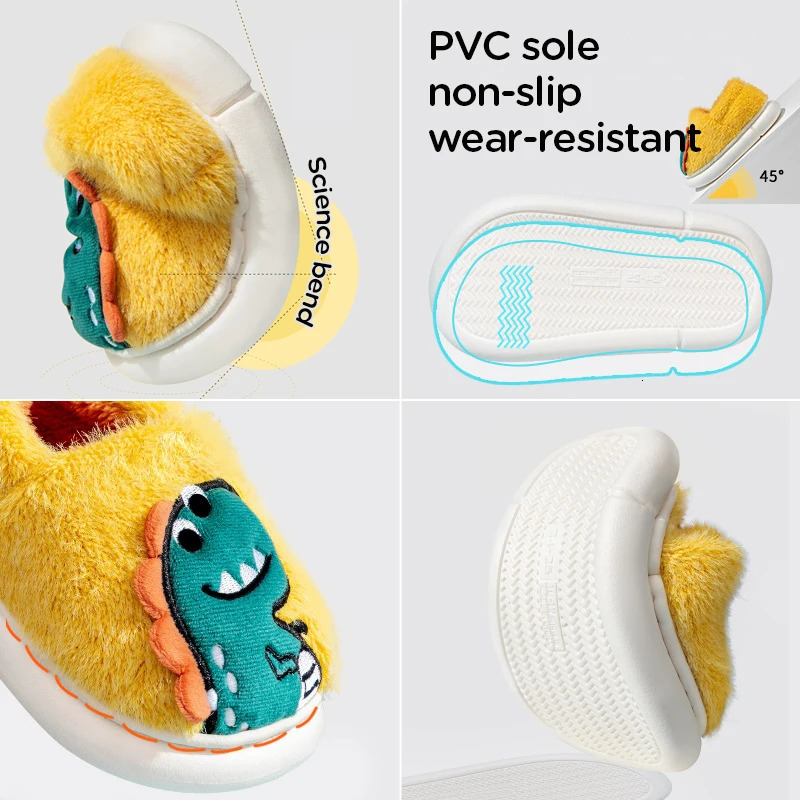Kids Cartoon Dinosaur Embroidery Plush Slippers Soft Sole Nonslip Winter Warm Boys Girls Indoor Home Heel Wrap Cotton Shoes 251022