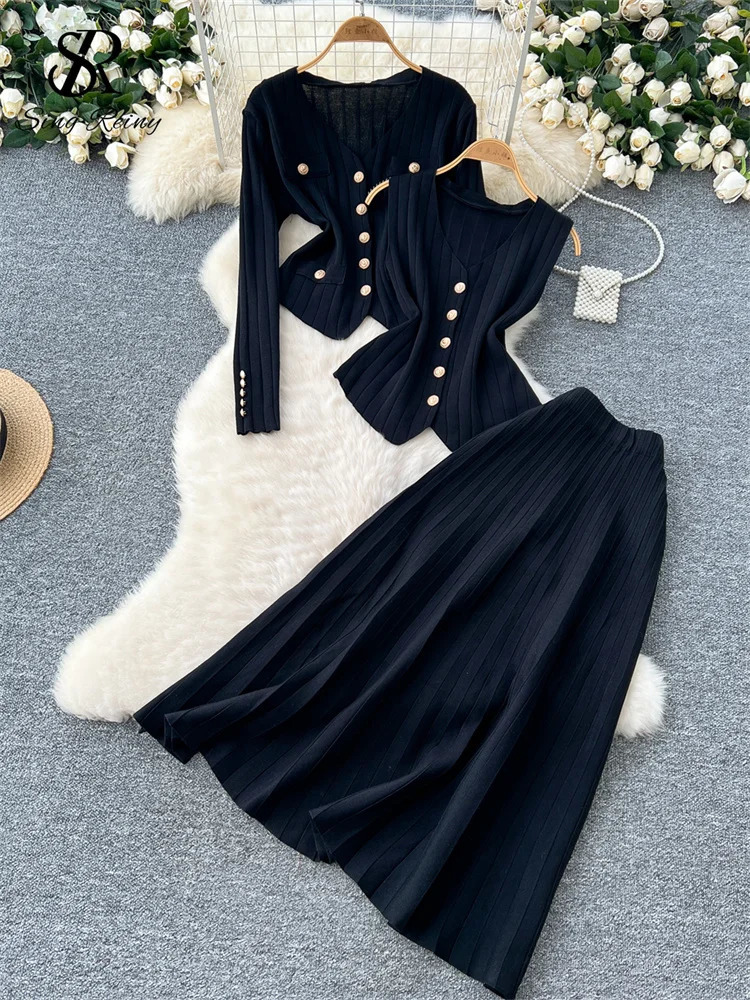 SINGREINY Senior Knitted OL Sets Women V Neck Full Sleeves TopsSingle Breasted Tank TopsElastic Waist Slim Skirt Warm Suits 251020
