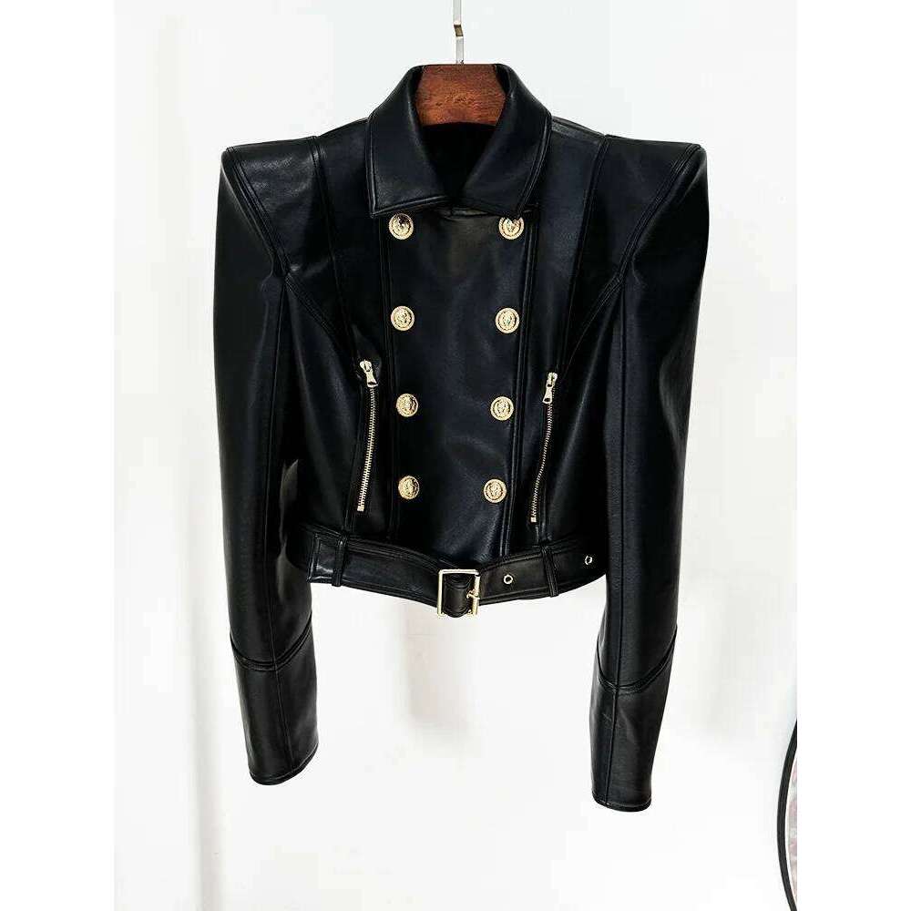 HIGH STREET New Fashion 2025 Designer Women's Peak Shoulder Double Breasted Lion Buttons Faux Leather Moto Jacket