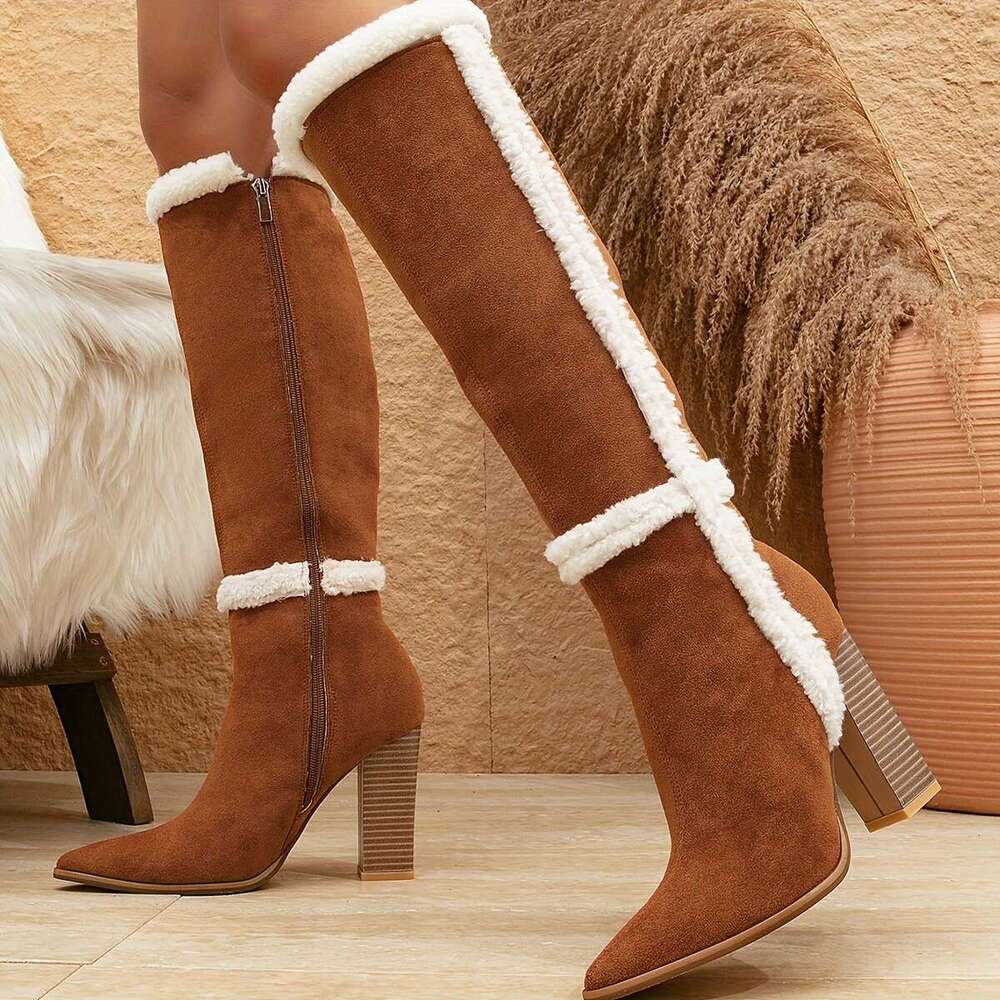 Women's Block Heeled Knee High Fashion Point Toe Plush Lined Boots, Comfortable Side Zipper Boots