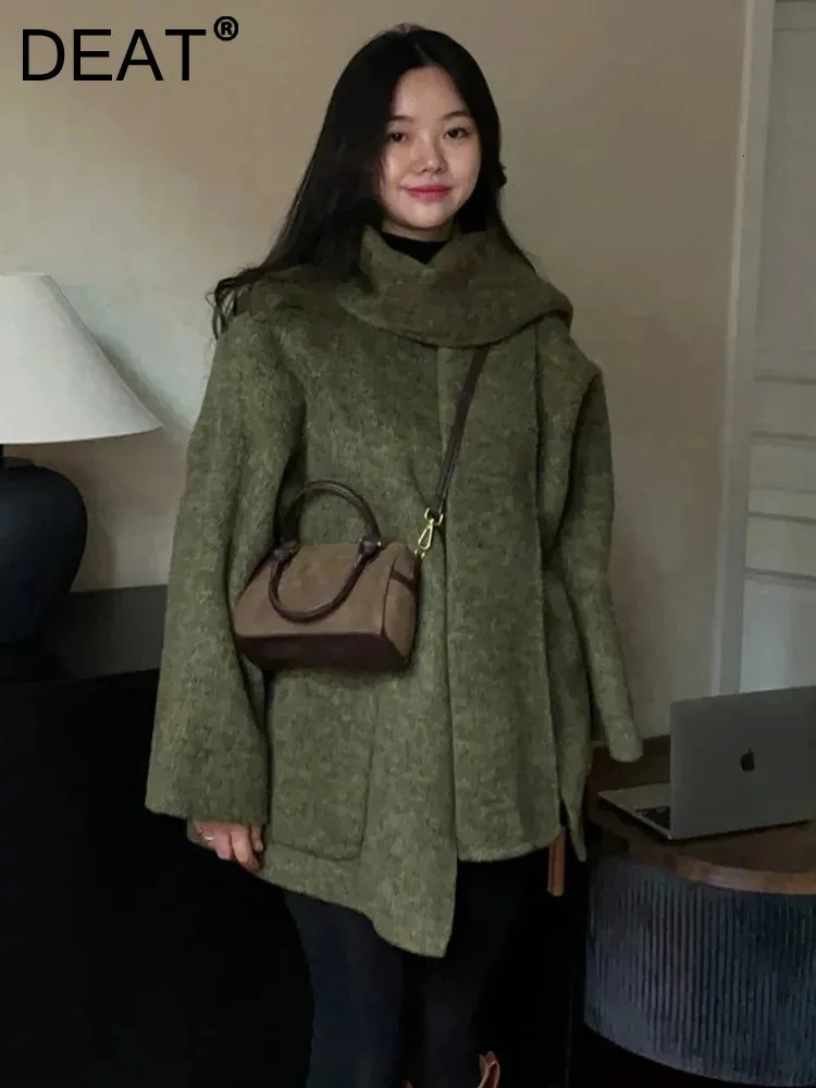 DEAT Fashion Green Scarf Double Side Woolen Coat Womens Loose Covered Button Long Sleeves Blends Coats Autumn 251020