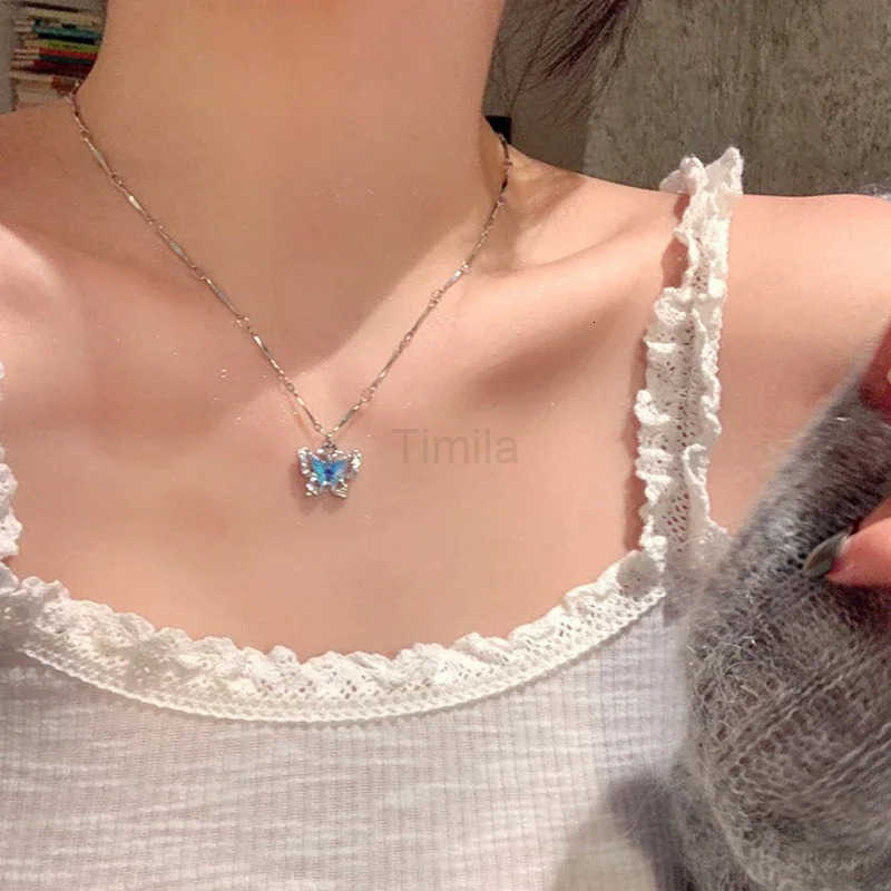 LATS Romantic Blue Crystal Butterfly Necklace for Women Girls Simple Shiny Zircon Bilayer Choker Clavicle Chain New Fine Jewelry U251022