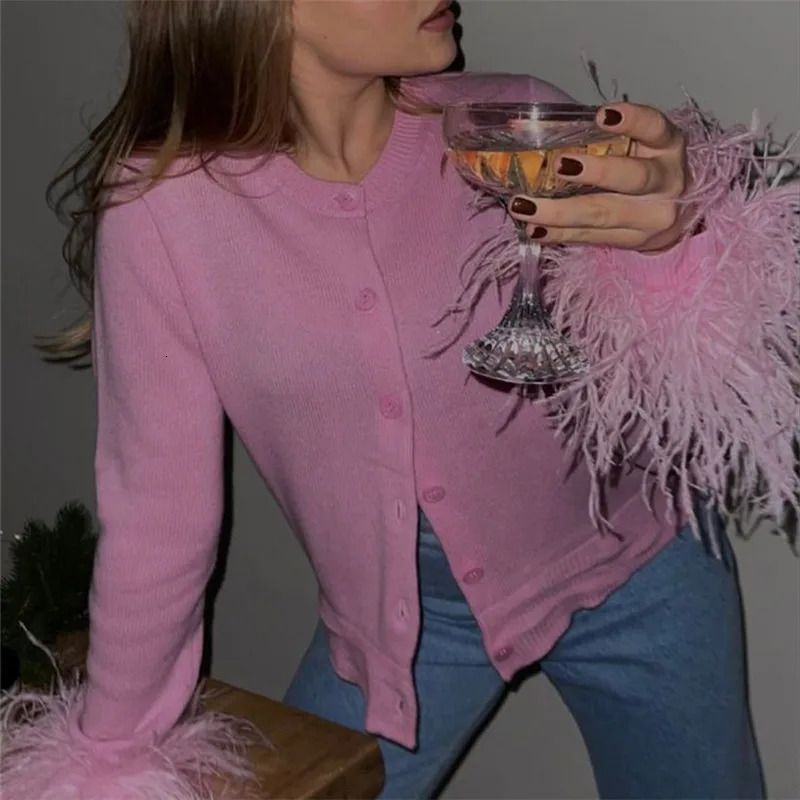 hirigin Fashion O Neck Sweater Tops Fur Feather Patchwork Long Sleeve Knitted Cardigan Spring Fall Slim Knitwear Top Streetwear 251016