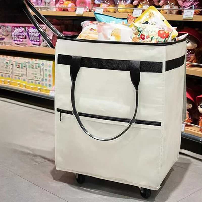 Reusable shopping bag with wheels large capacity travel rolling tote bag zipper closure foldable handle not easy to break W251114