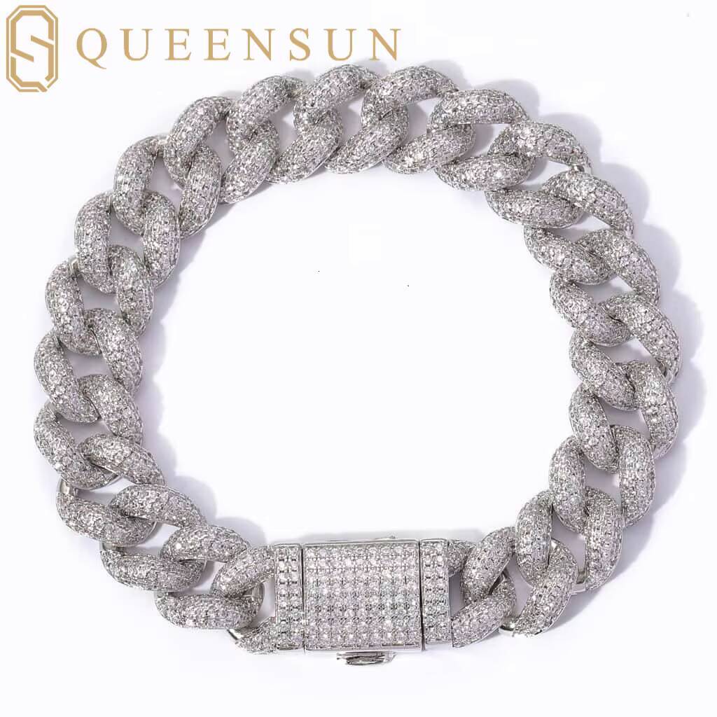 Queensun 18K Solid Gold Moissanite Hiphop Chain Link Bracelet 12mm Miami Cuban Party Bangles with Diamond White Gold Material