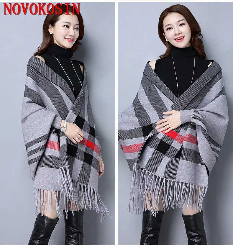 4 Colors Lady Knitted Cardigans Long Batwing Sleeve Thick Poncho Autumn Winter Shawl Striped Wrap Women Open Stitch Tassel Cloak J251118