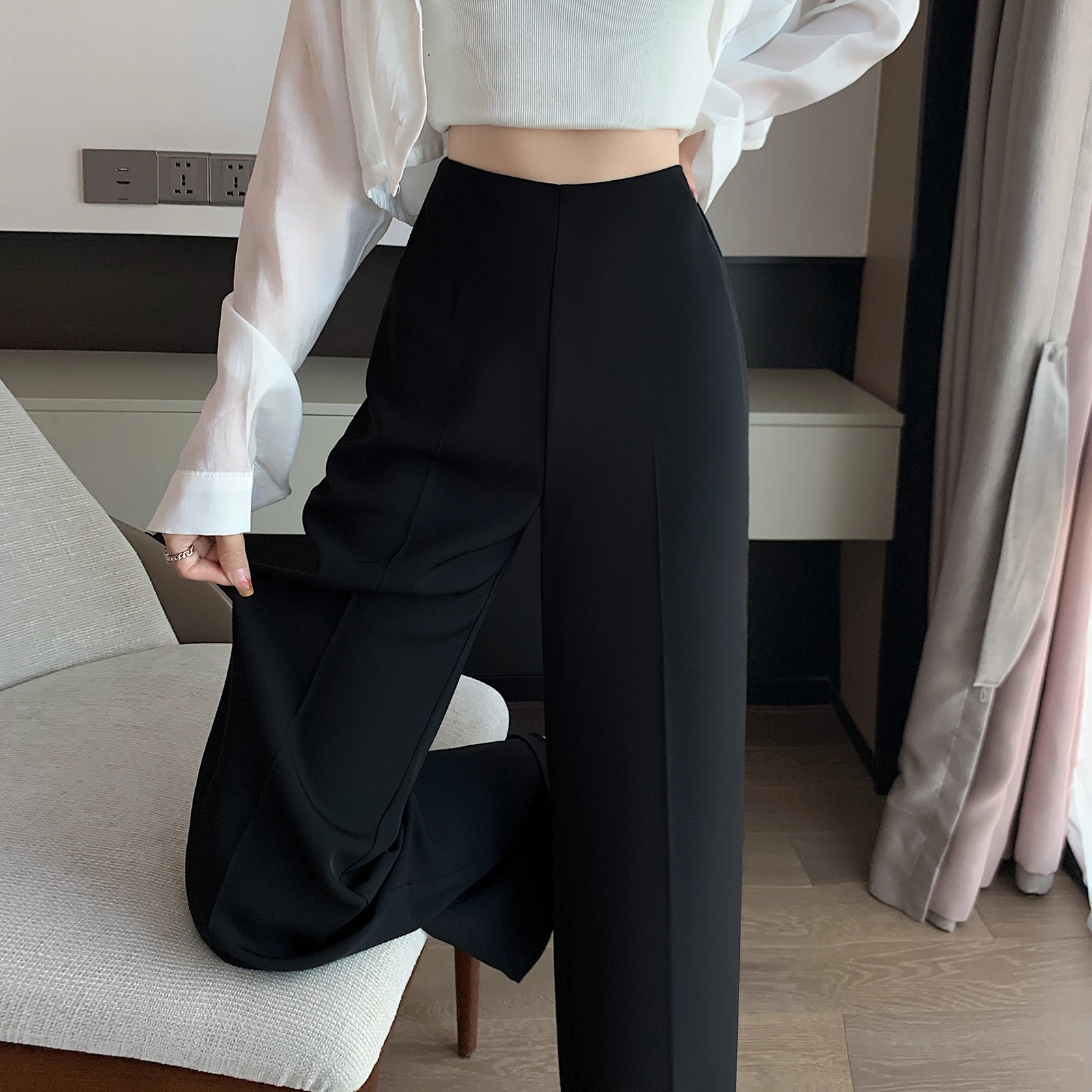High Waist Khaki Suit Wide Leg Womens Full Pants Spring Summer Female Elegant Minimalism Straight Loose Trousers 251022