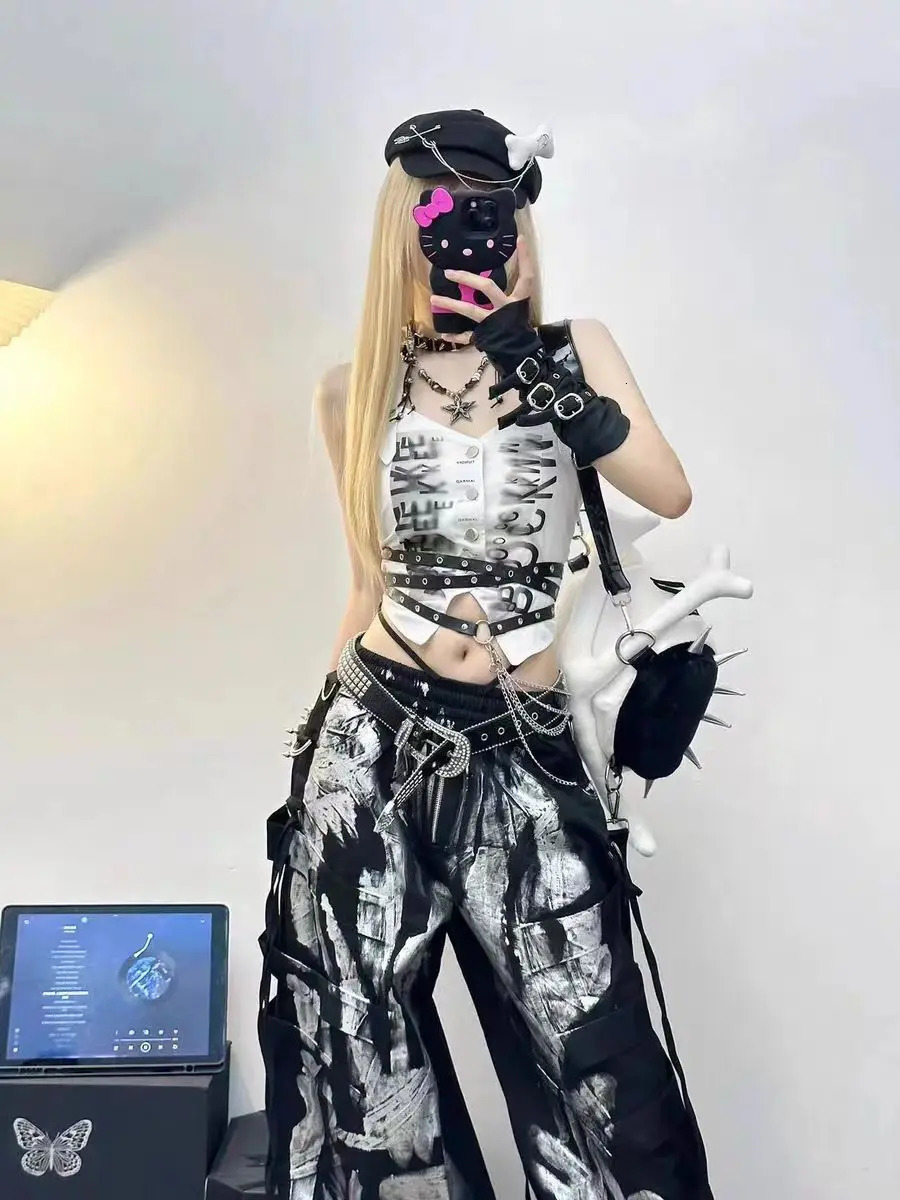 Y2K Grunge Silver Painted Cargo Pants Womens Gothic Drawstring Wide Leg Baggy Streetwear Trousers Female Punk Harajuku Bottoms 251017