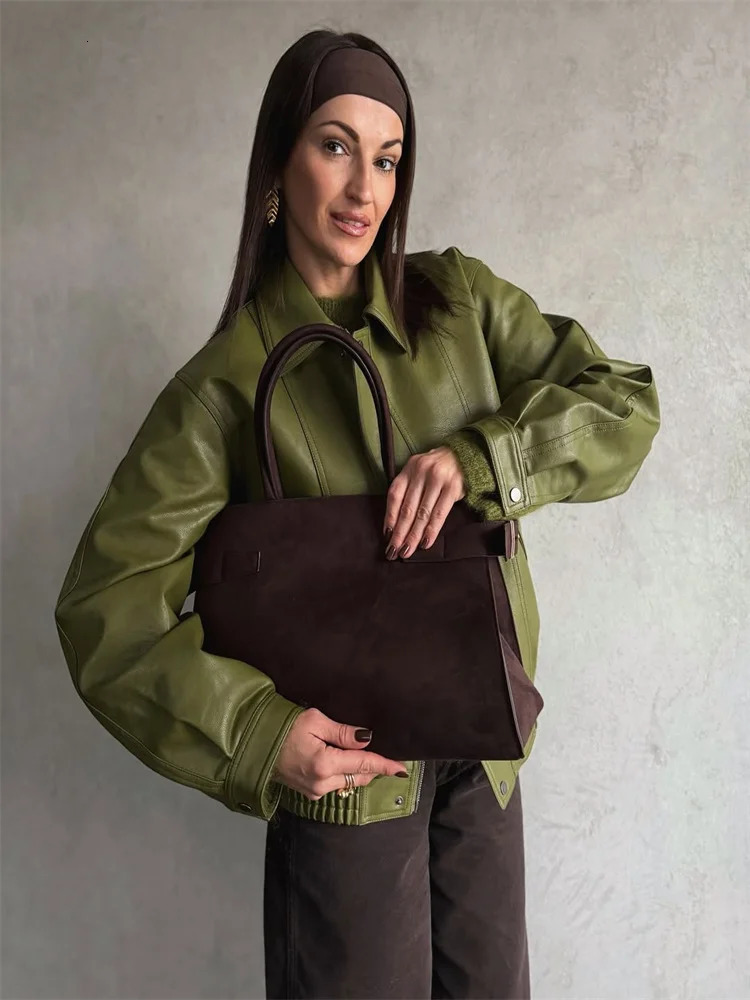 Green PU Leather Jacket Women Retro Laple Zipper Loose Full Sleeve Oversized Coat Female Fashion Lady Solid Streetwear 251021