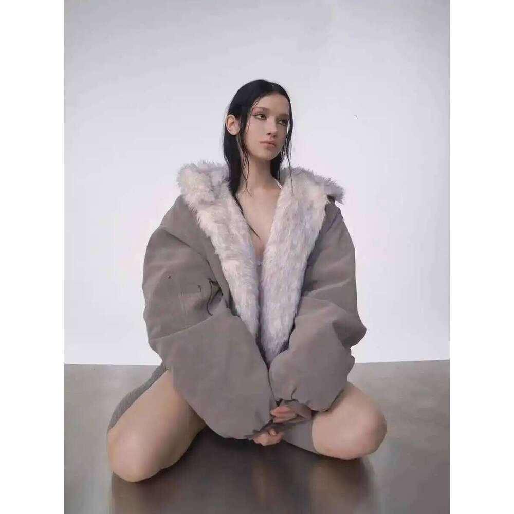 Winter American Retro Fur Women Padded Hooded Cotton-Padded Jacket Plush Casual Street Gothic Haruku Oversize Coat