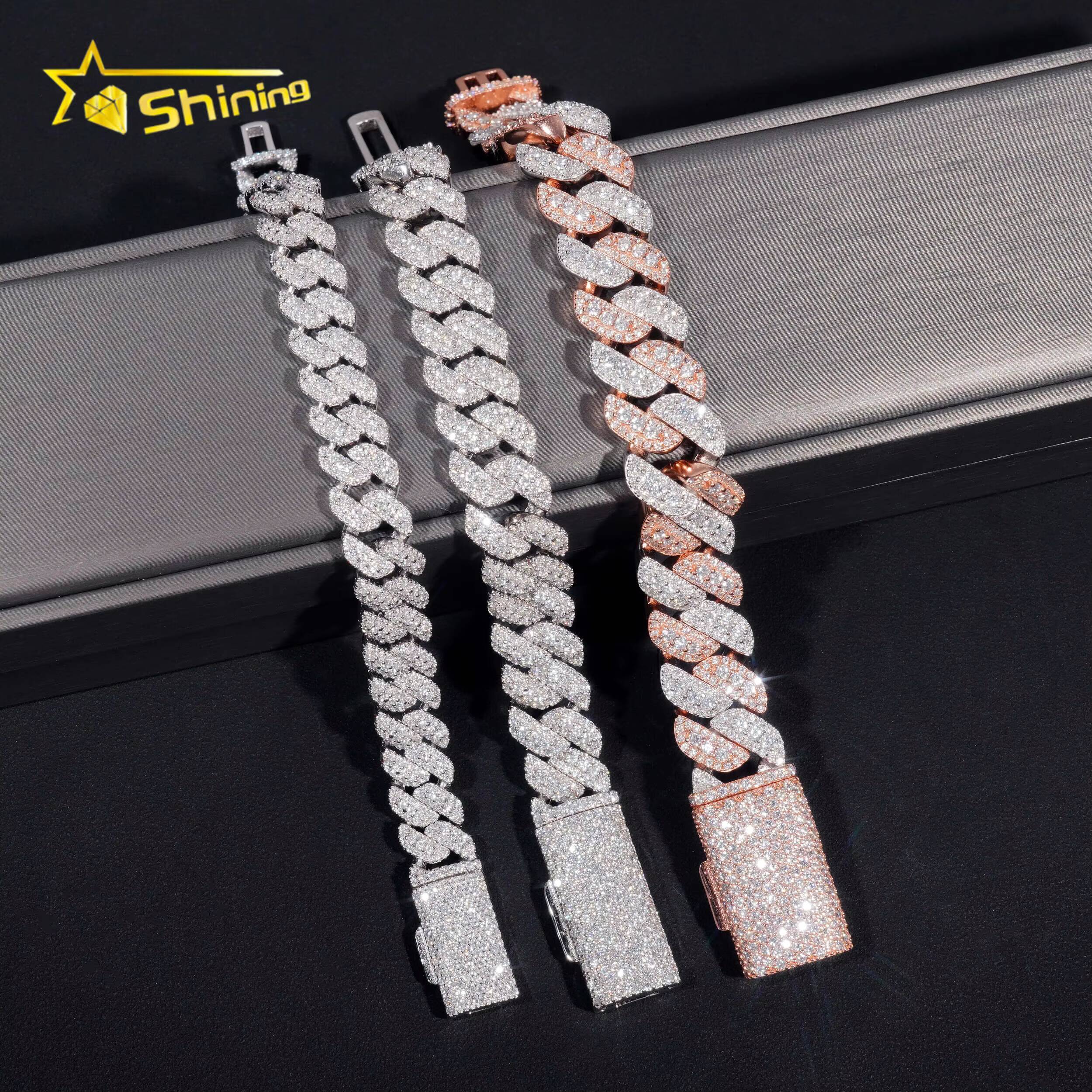 New Arrival boutique 10mm 13mm 15mm Cuban Chain Silver 925 Iced Out Vvs Moissanite Diamond Hip Hop Jewelry Cuban Lidynamic Bracelet Men