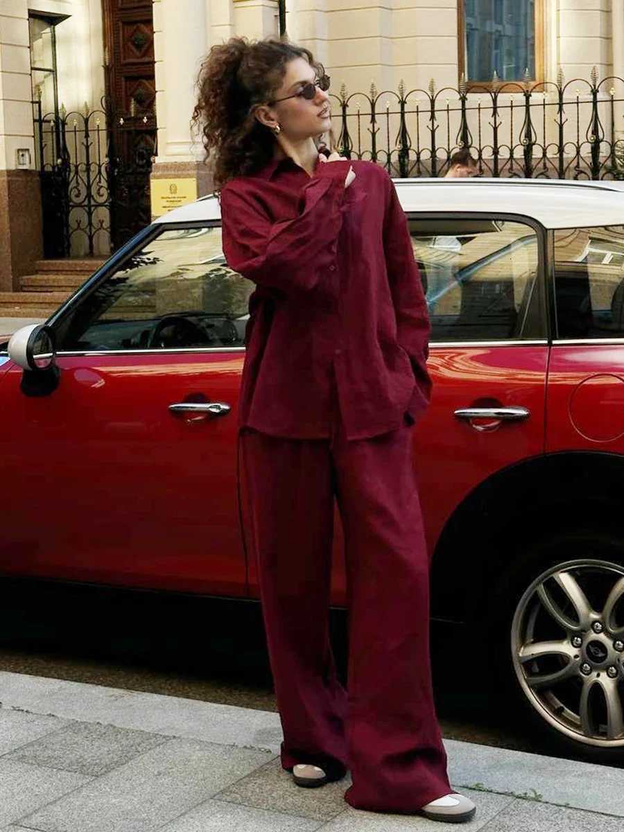 Womens Casual Solid Cotton Linen Pant Sets Chic Laple Single Breasted Long Sleeve Shirt Elasticity Waist Pant New Two Piece SetT251022