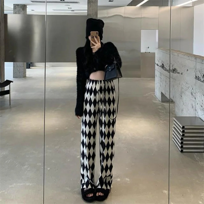 Spring and Summer Minimalist Black and White Diamond Checkered High Waist Casual Loose Fashion Pleated Floor Mop Pants 251016