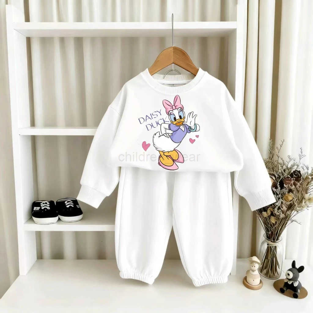 Disney White Cartoon Character Baby Toddler Sweatshirt Set Minnie Donald Duck Daisy Prints Long Sleeve Top Pants Fashion Wear H251022