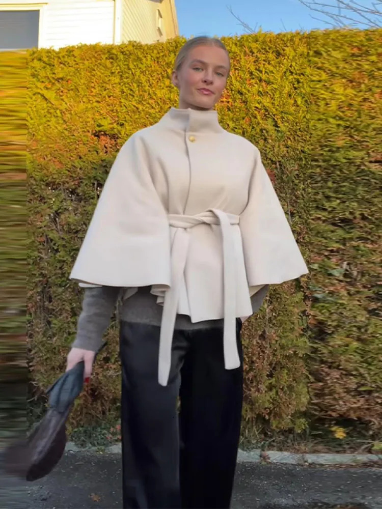 Elegant Stand Womens Coat Solid Long Sleeve Button Belted LaceUp Cardigan Jacket Autumn Winter Outerwear Female Tops 251021