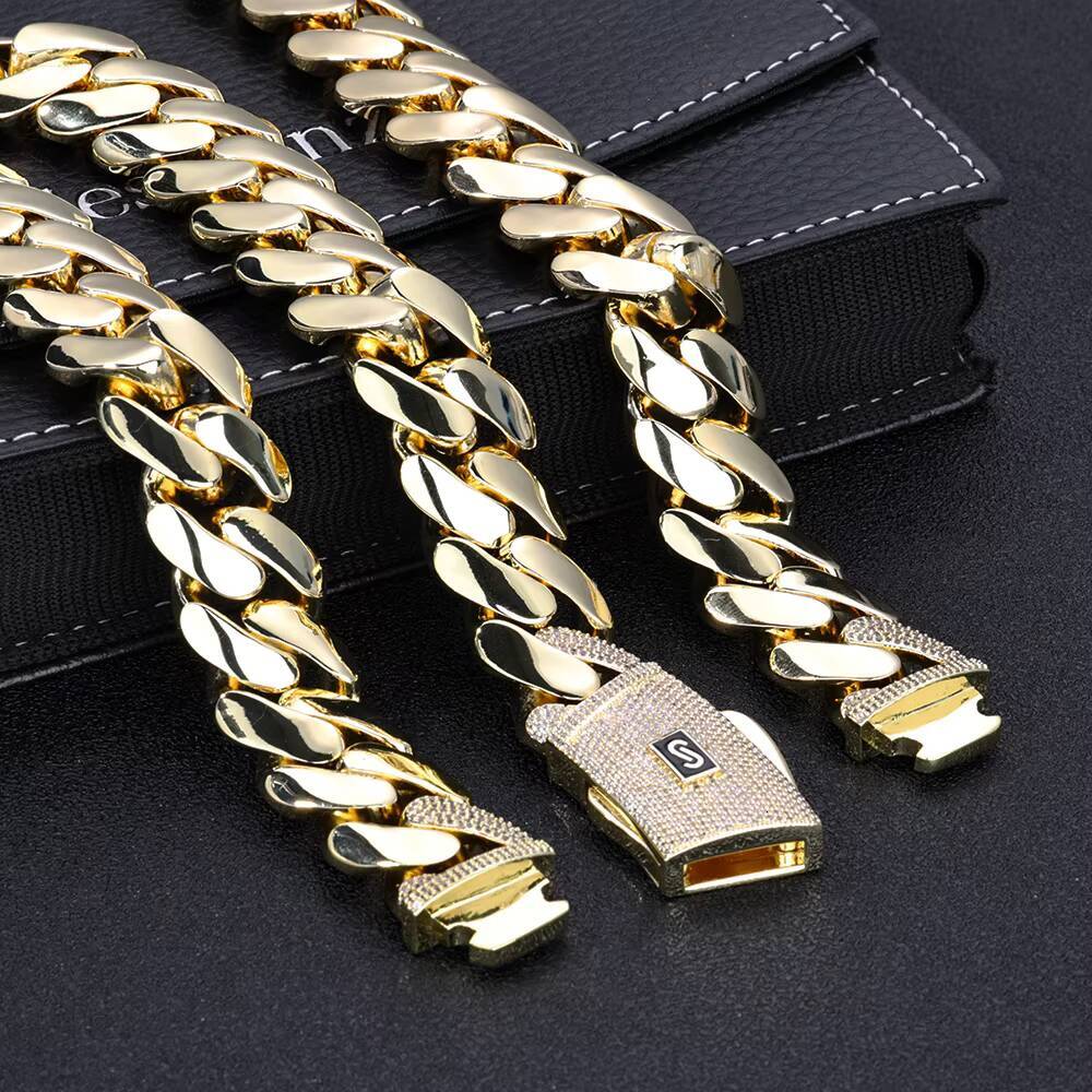 NUOYA 14K18K Gold Plated Thick Solid Cuban Link Chain Hip Hop Jewelry Iced Diamond Clasp Flat Miami Cuban Link for Men Women