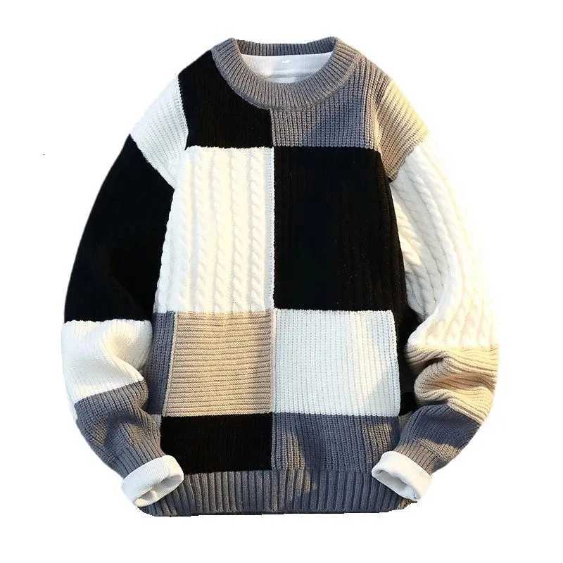 Autumn Winter Mens Round Neck Knit Sweater Fashion Plaid Knitted Pullovers Men Casual Loose Warm patchwork SweatersXJ251022