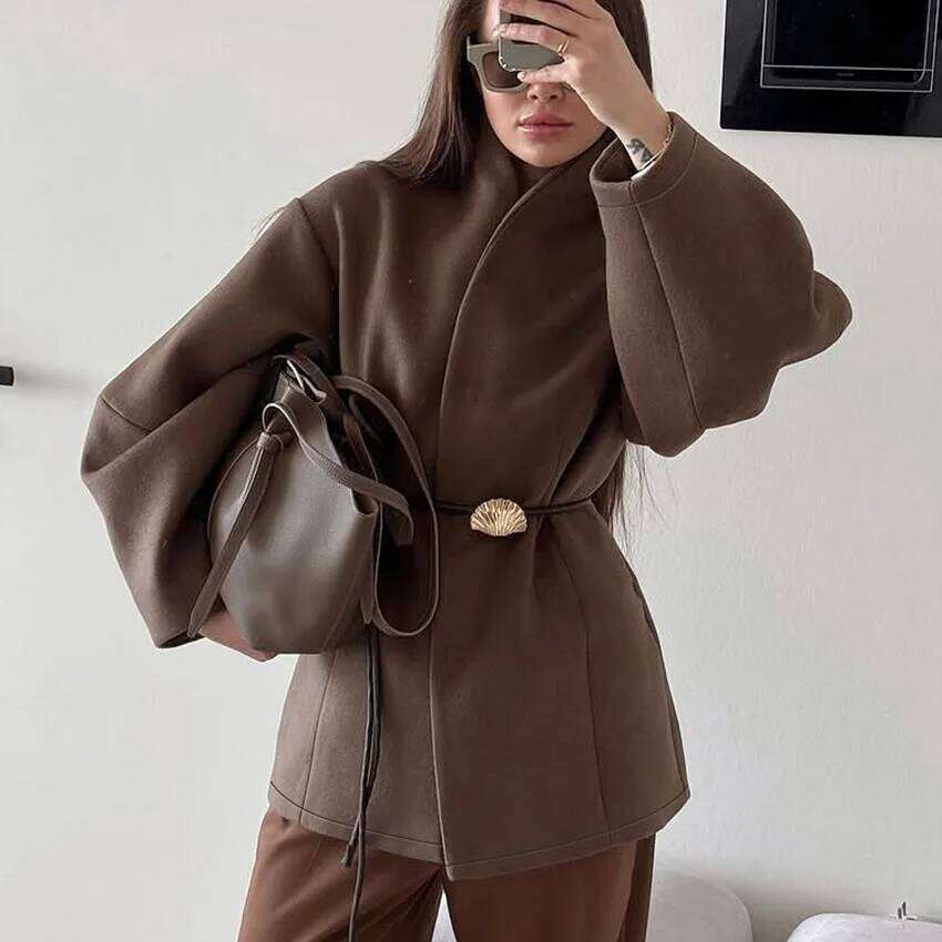 Brown waist woolen jacket women's design sense temperament fashion