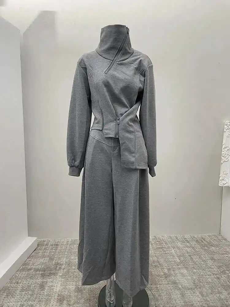 BJTZ Casual Irregular 2 Piece Set Womens 2025 Spring Autumn Trendy Stand Collar Zipper Design Hooded High Waist Wide Leg PantsT251022