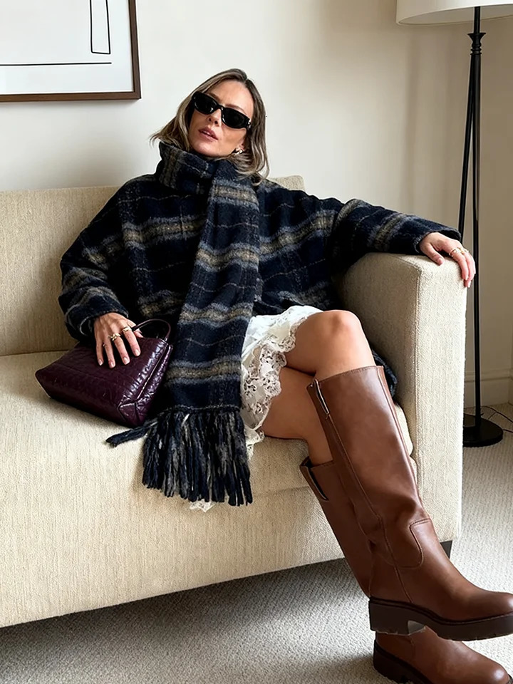 Vintage Outwear For Woman Button Coat Autumn Casual Jacket Y2K Style Plaid Crew Neck Tops Fringe Scarf Knitwear Womens Clothes 251021