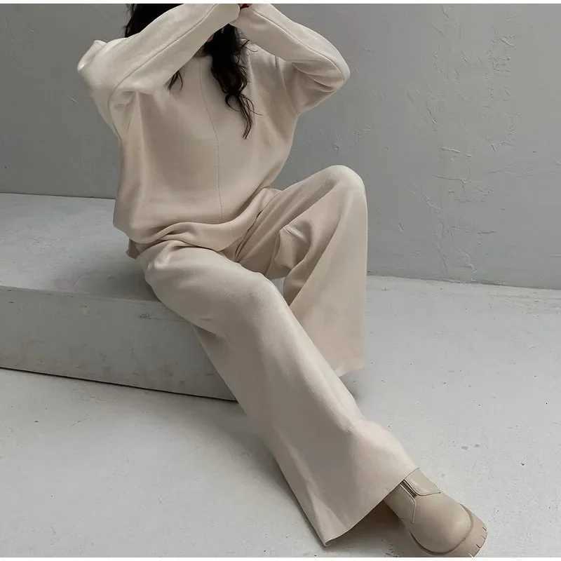 Split Turtleneck Women Sweater Suit Winter Solid Loose Casual Wide Leg Pants Female Two Piece Set 2024 Elegant Knit Tops OutfitsT251022