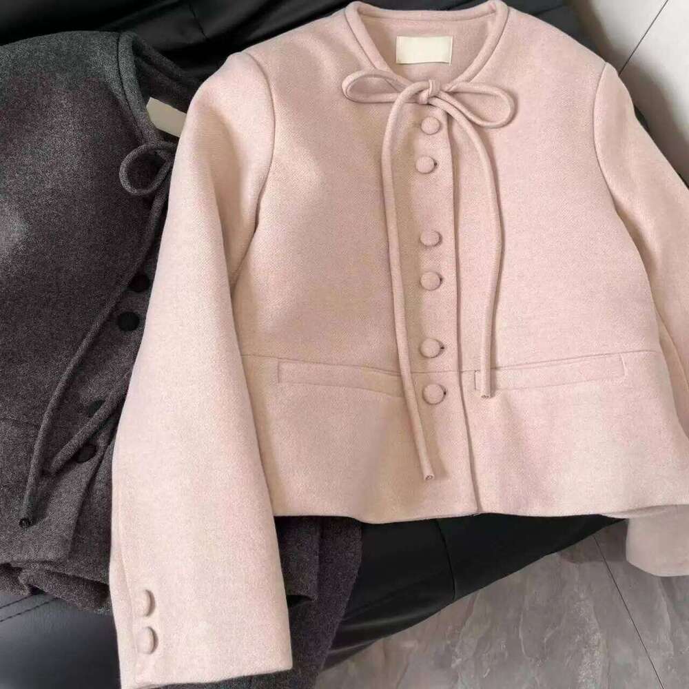 Plus Size Korean Style Short Woolen Coat Women's Loose Fit Butterfly Knot Tied Jacket Autumn Winter New Arrival Casual round ...