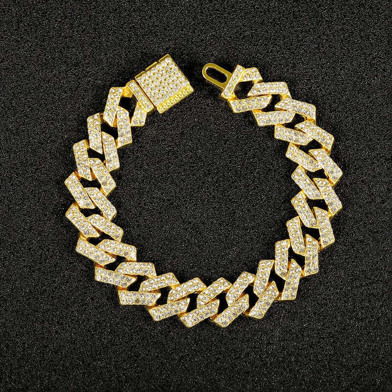 Hot selling hip-hop classic Cuban for women 15MM gold alloy full dia necklace trendy mens style