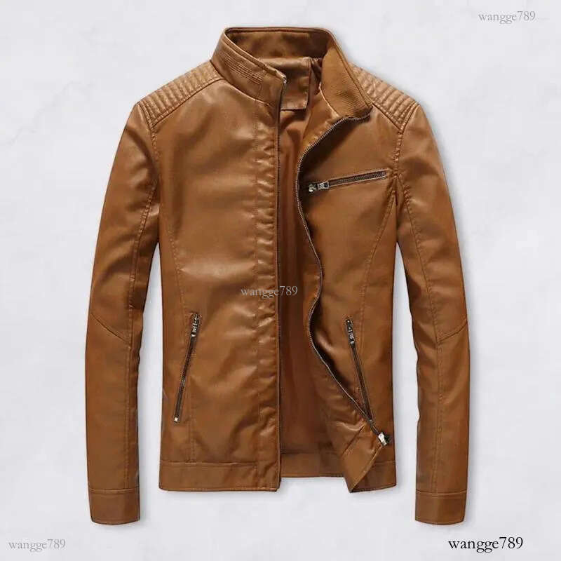 Men's Jackets Men Jacket Faux Leather Stand Collar Pleated Shoulder Long Sleeve Zipper Placket Coat Slim Fit Solid Color Thin Outwear