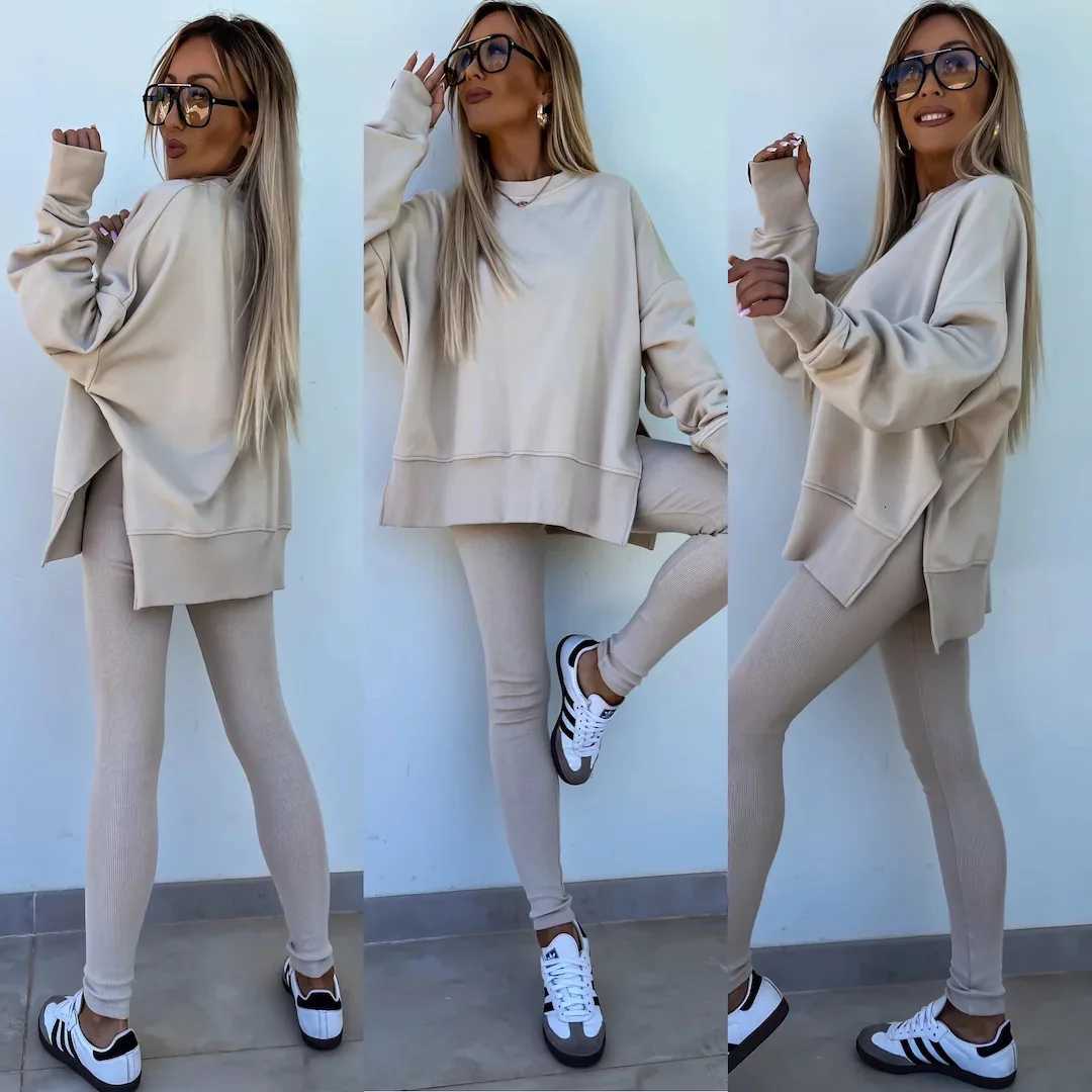 Women Pant Sets Two Pieces Tracksuit Solid Loose Sweatshirts Split Pullover Pencil Pants High Street Autumn Winter 2024T251022