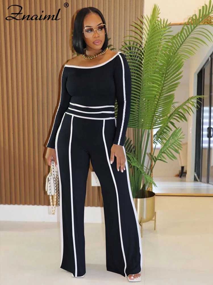 Znaiml Women Sporty Black 2Piece Set Casual Streetwear OffShoulder Crop Top with Full Sleeve High Waist Wide Leg Pants OutfitT251022