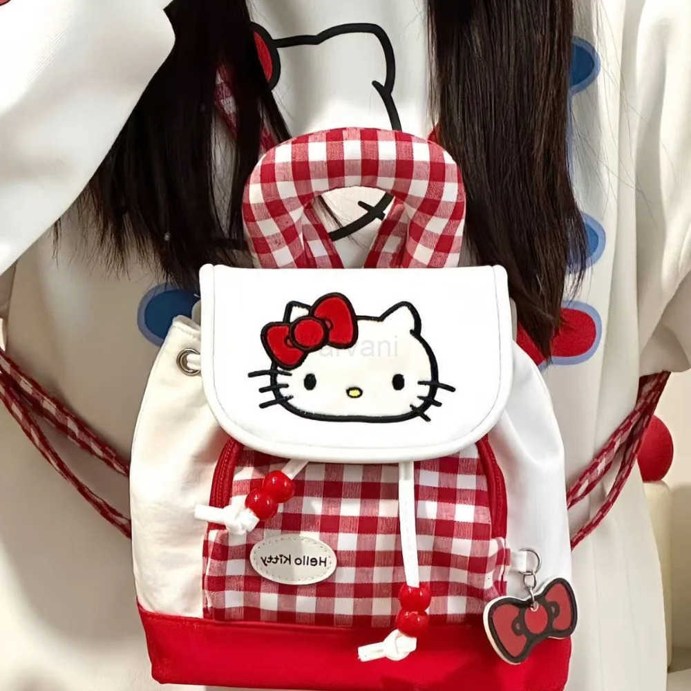 Sanrio Kawaii HelloKitty Girl Commuter Backpack Portable Drawstring Lid Red Checked Kt Cat College Style School Bag Textured Travel Bag L251022