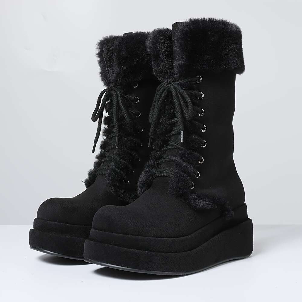 Faux Fur Suede Women's Snow Wedges High Heeled Platform Winter Warm Plush Shoeslace Sweet Cute Furry Fluffy Mid Calf Boots For Woman Shoes