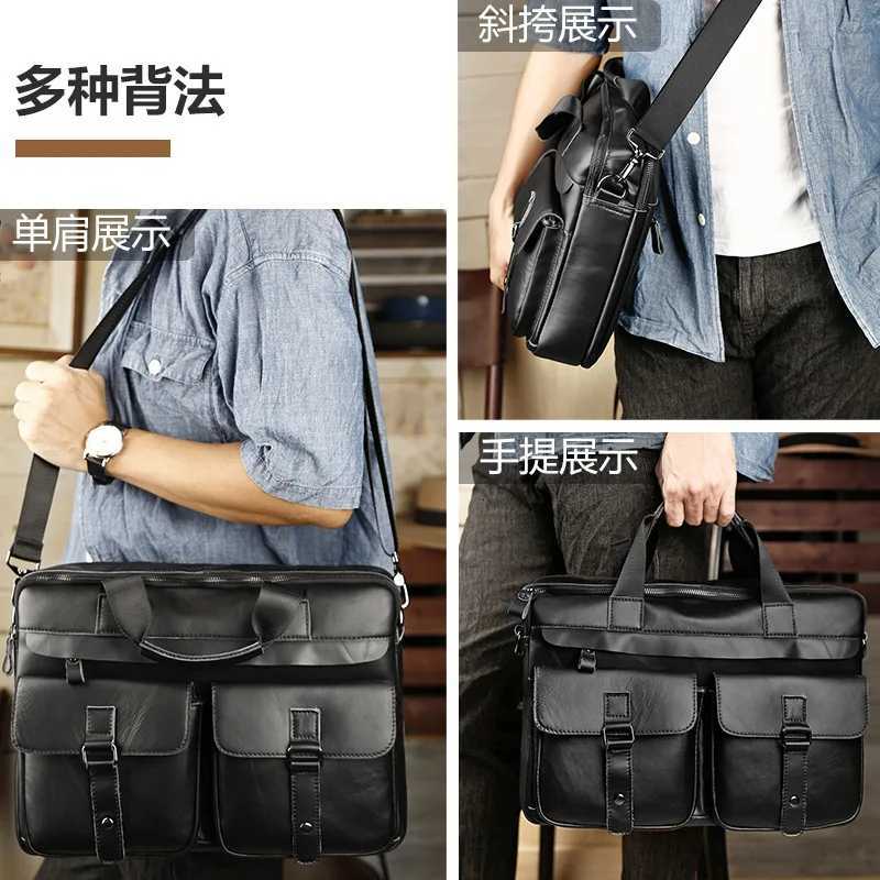 Retro genuine leather singleshoulder bag largecapacity business multipocket briefcase mens multifunctional laptop bag W251022