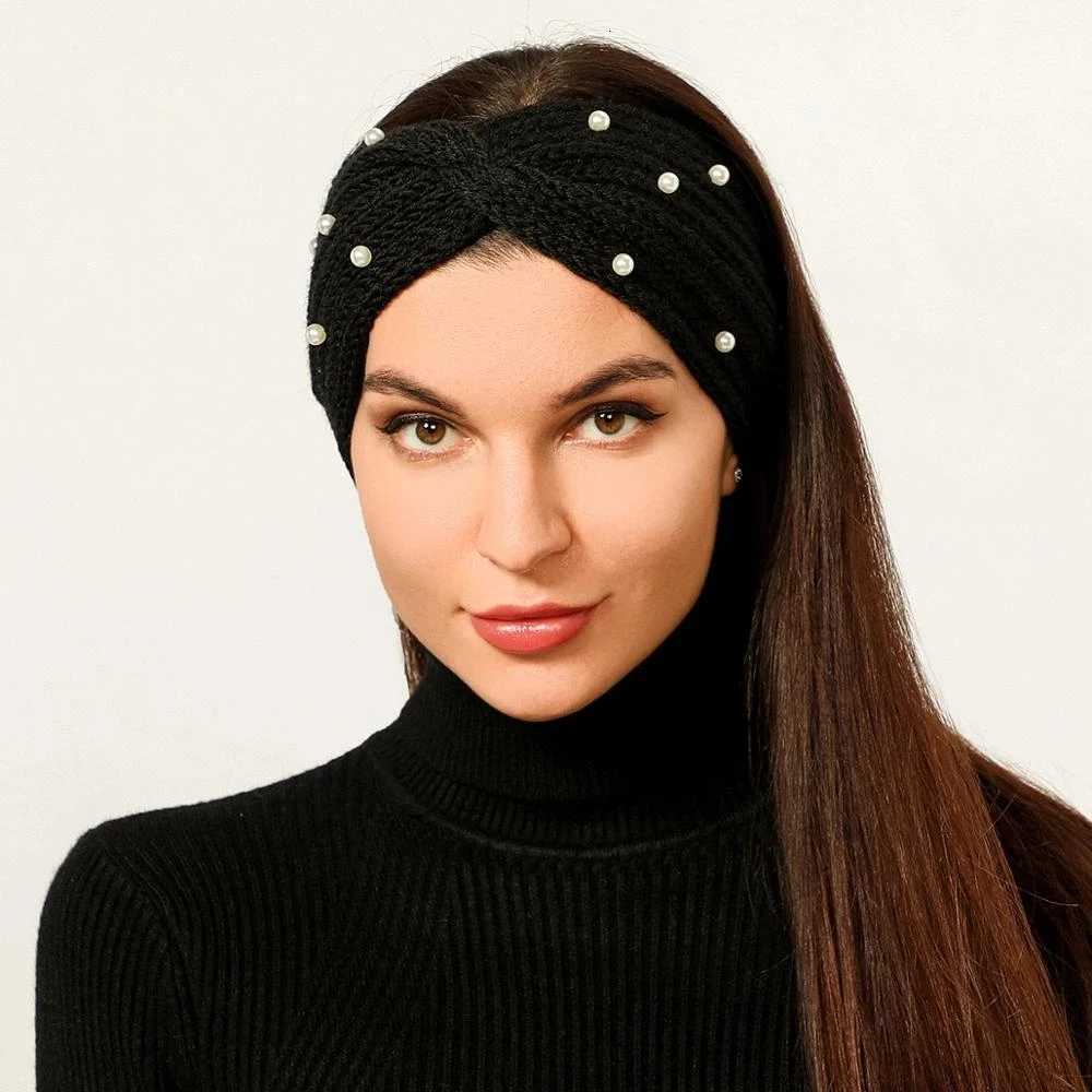 New Pearl Knitted Cross Headbands For Women Girls Handmade Hair Accessories Autumn Winter Headwear Ear Warmer Elastic Hair band V251022