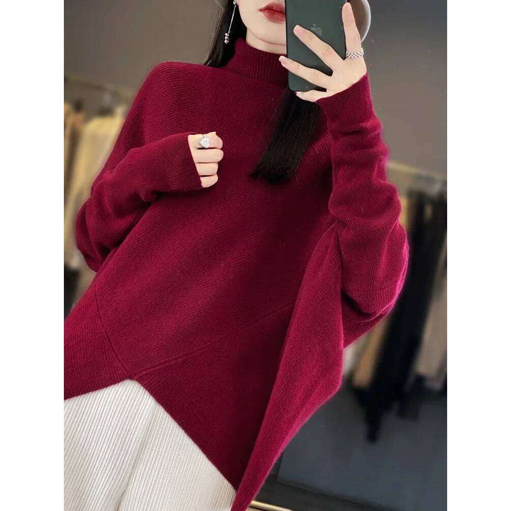 Women's Skin-Friendly Turtleneck Wool Sweater Loose Thick Bat Irregular Monochromatic Autumn Winter Fashion Female Top 251022