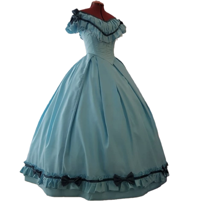 Historian Civil War Era Ball Gown Prom Dresses Floor Length Bow Ruffles Short Sleeves Princess Satin Evening Gowns Vintage Victorian Party Costume